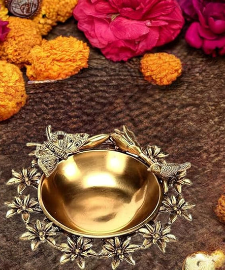 Brass Flower Urli Bowl with Bird and Butterfly,Urli Bowl in Brass, Traditional bowl for flower decoration,