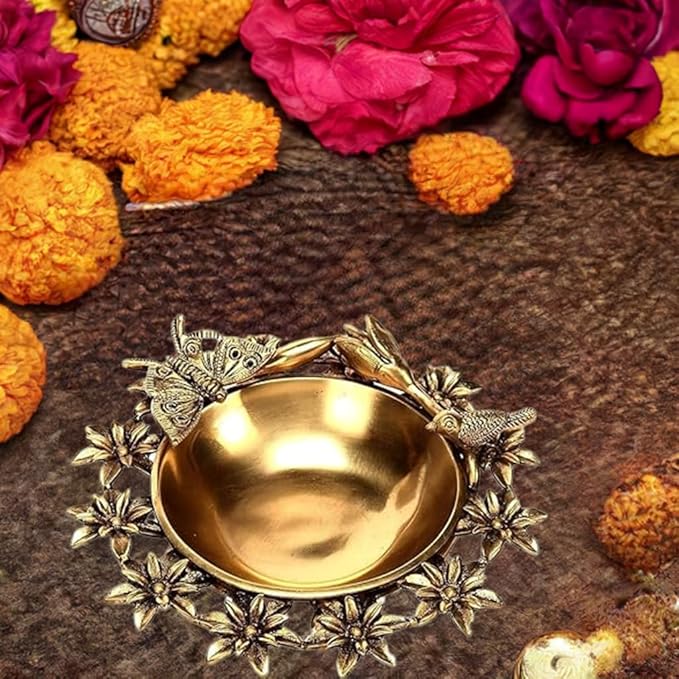 Brass Flower Urli Bowl with Bird and Butterfly,Urli Bowl in Brass, Traditional bowl for flower decoration,