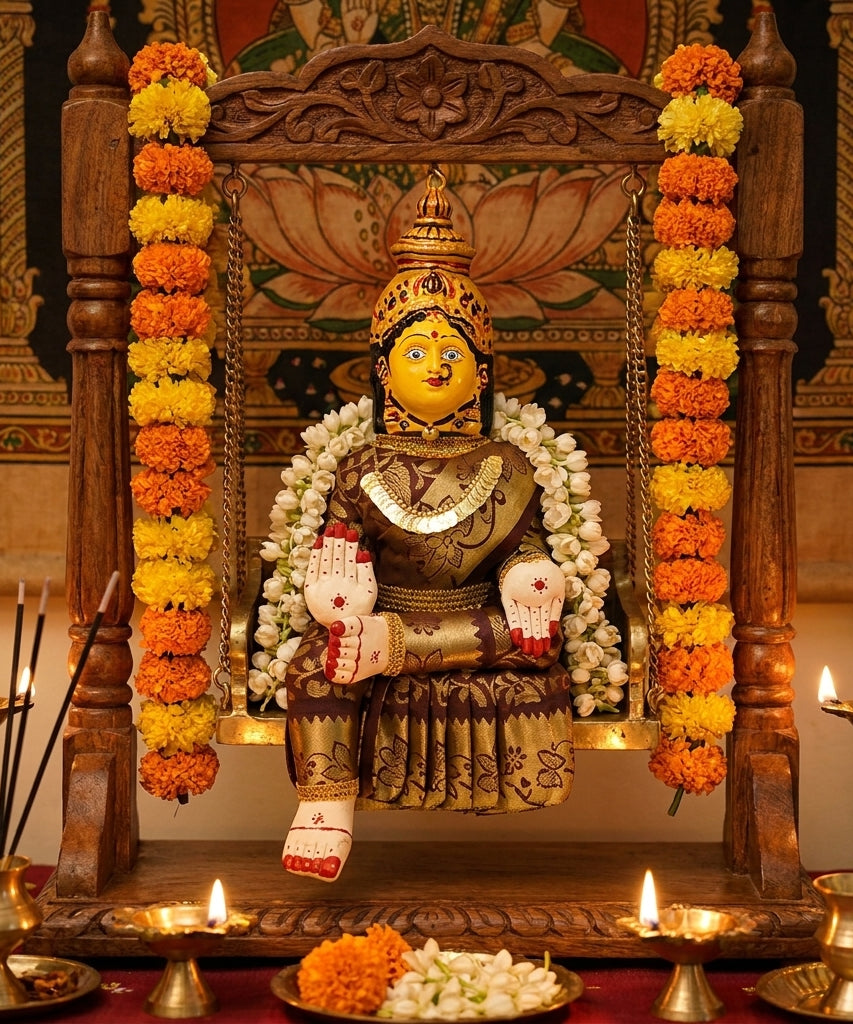 Varamahalakshmi Idol Gold and Maroon Saree
