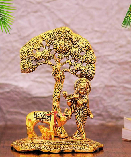 Metal Lord Krishna with Cow Idol Standing Under Tree Decorative Showpiece