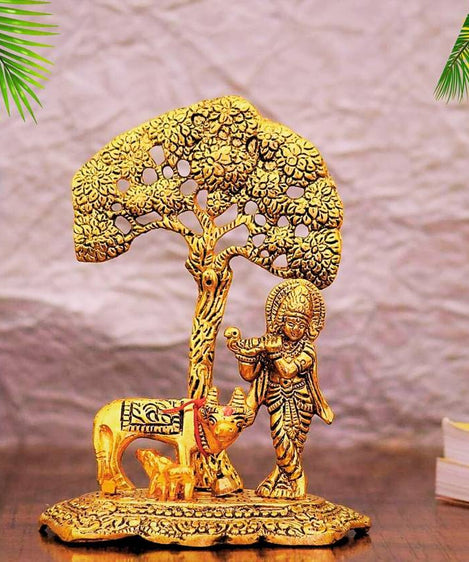 Metal Lord Krishna with Cow Idol Standing Under Tree Decorative Showpiece
