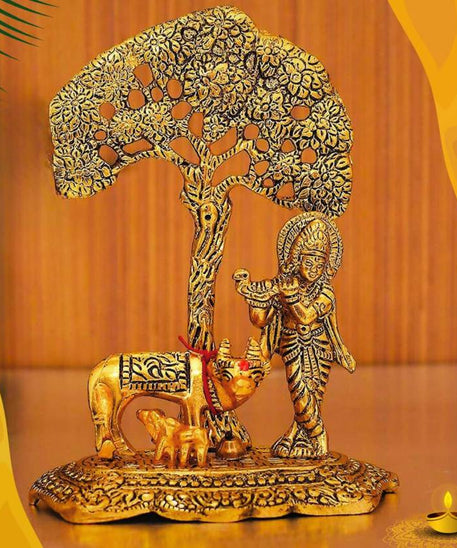 Metal Lord Krishna with Cow Idol Standing Under Tree Decorative Showpiece