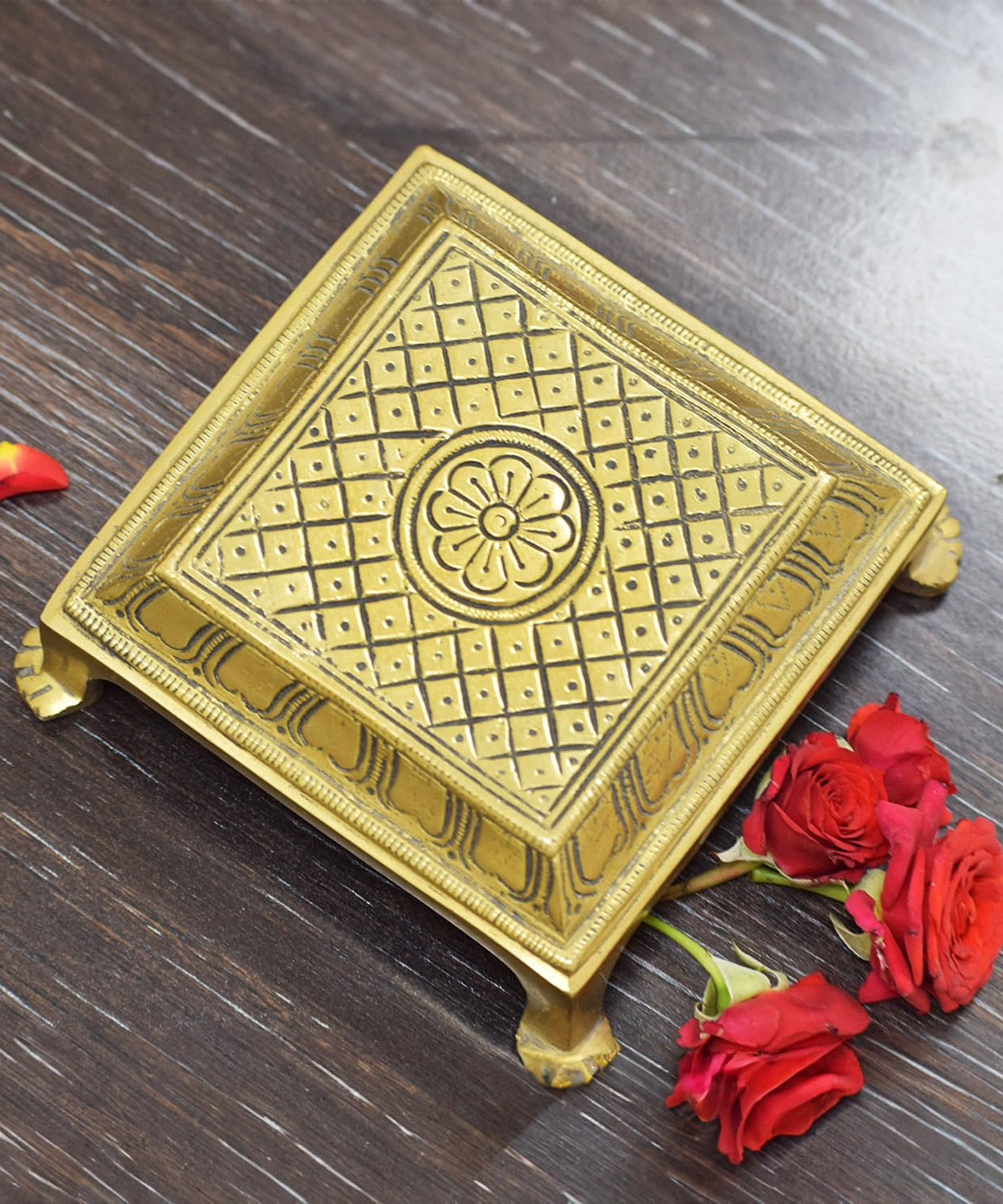 Brass Square Pooja Chowki with Lotus Design