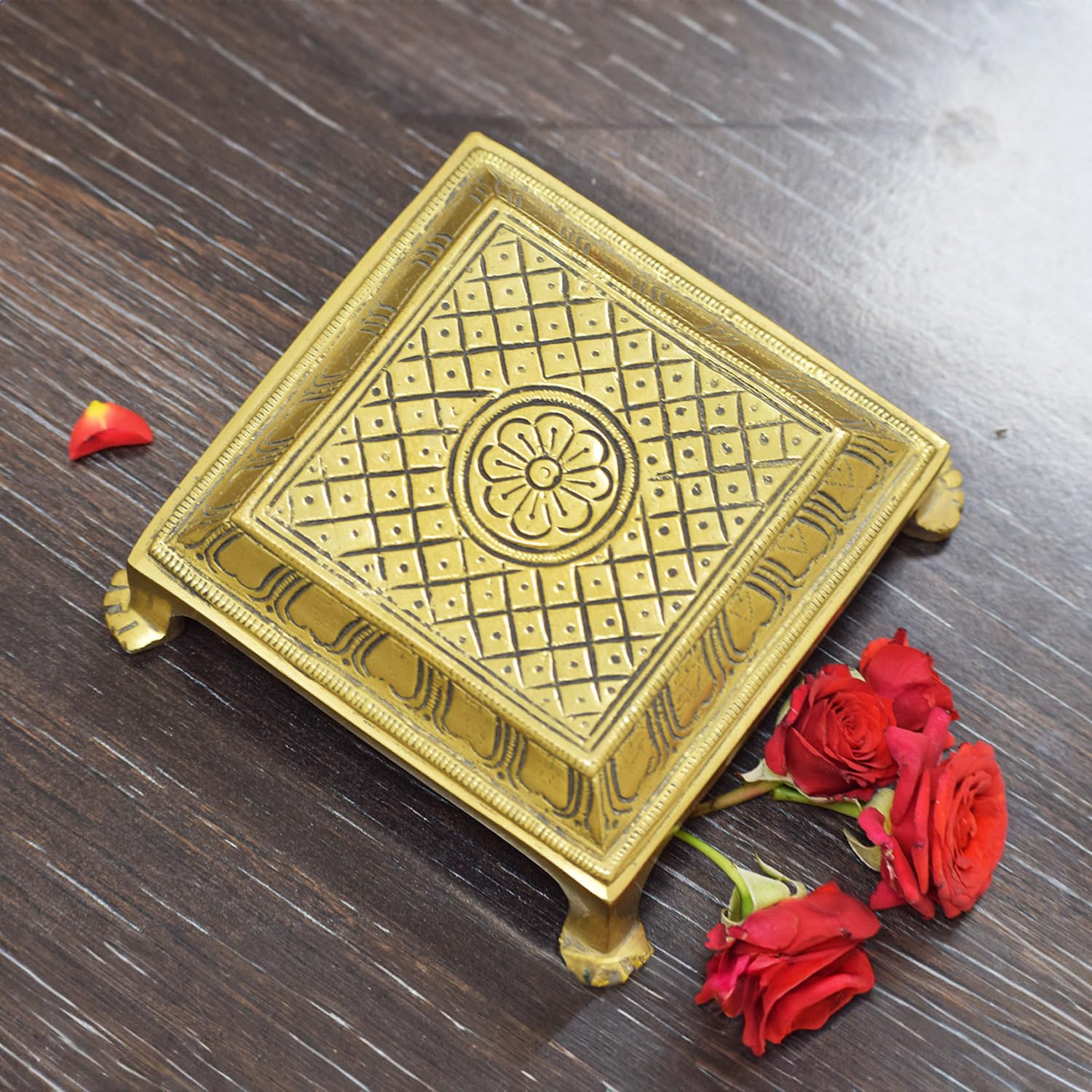 Brass Square Pooja Chowki with Lotus Design