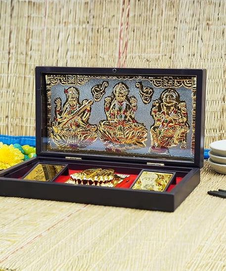 Lakshmi Ganesh Saraswati Frame with Charan Paduka