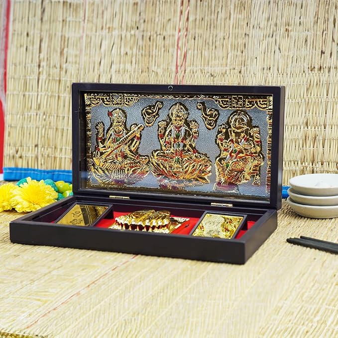 Lakshmi Ganesh Saraswati Frame with Charan Paduka