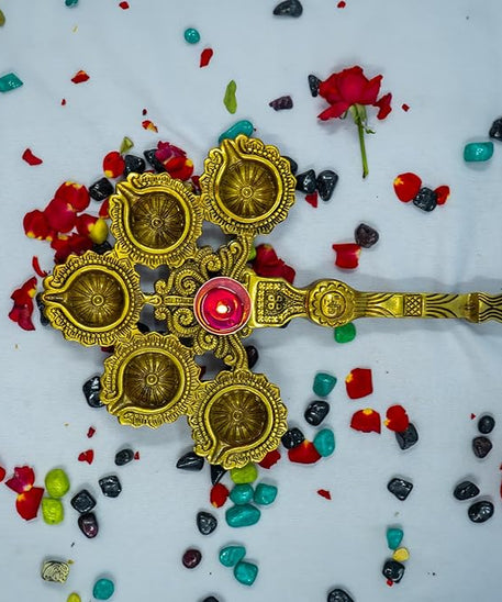 Brass Pancha Aarti Diya - 5 Wick Pooja Aarti Diya with Handle