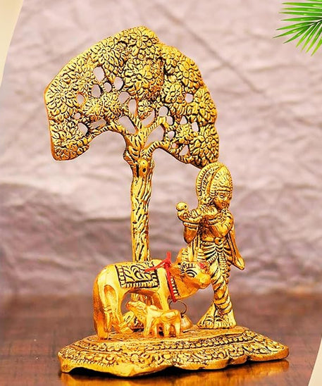 Lord Krishna Decorative Showpiece with Cow Idol Standing Under Tree
