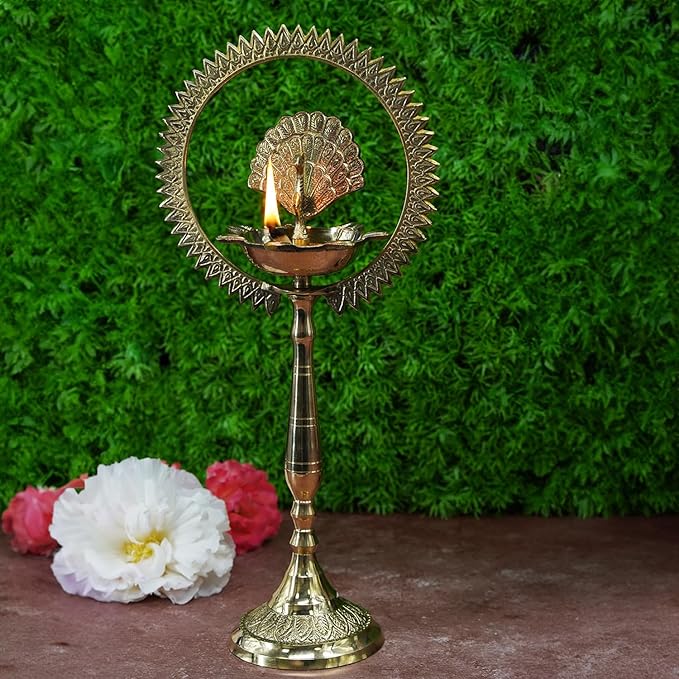 Brass Peacock Diya with Crown Kerala Samai Diwali Deepak-Kuthu Vilakku Peacock Ring Oil Lamp(Pack of 1).