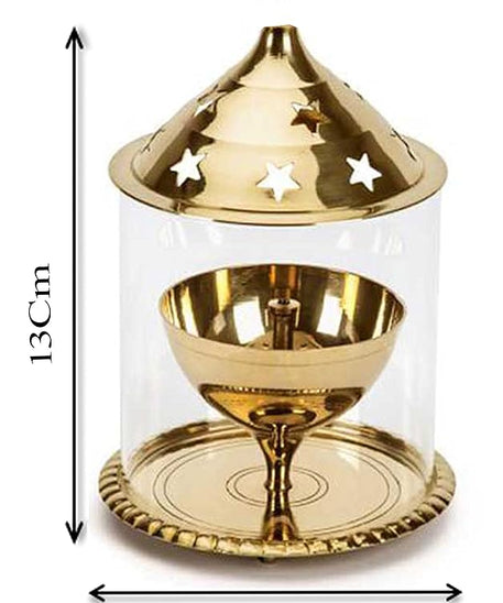 Gold Brass Akhand Diya with Glass Cover/ Diwali Oil Lamp