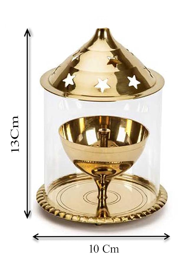 Gold Brass Akhand Diya with Glass Cover/ Diwali Oil Lamp