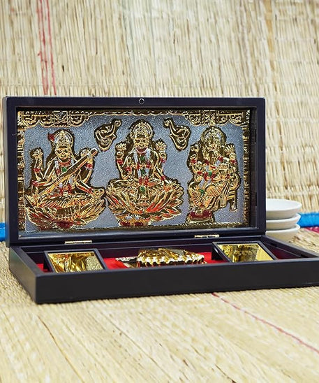 Lakshmi Ganesh Saraswati Frame with Charan Paduka