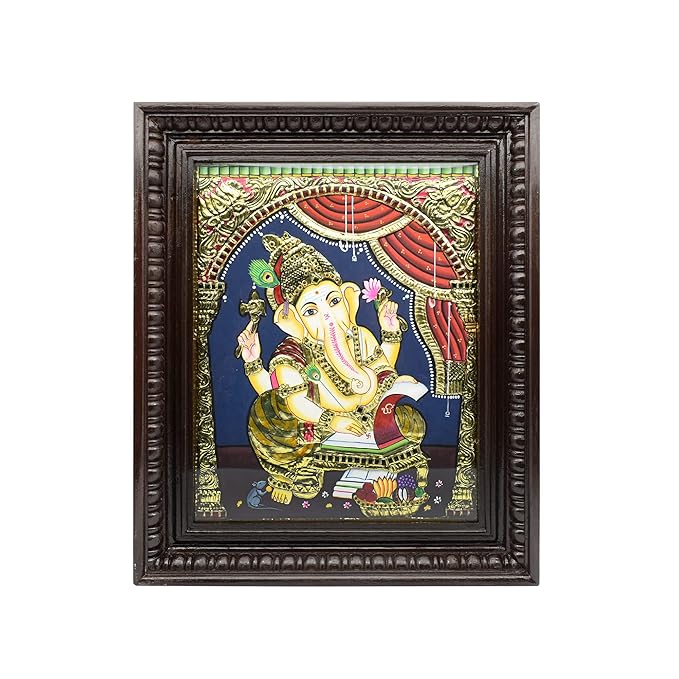Lord Ganapati Tanjore Paintings Gold Foil Photo Frame for Pooja Room