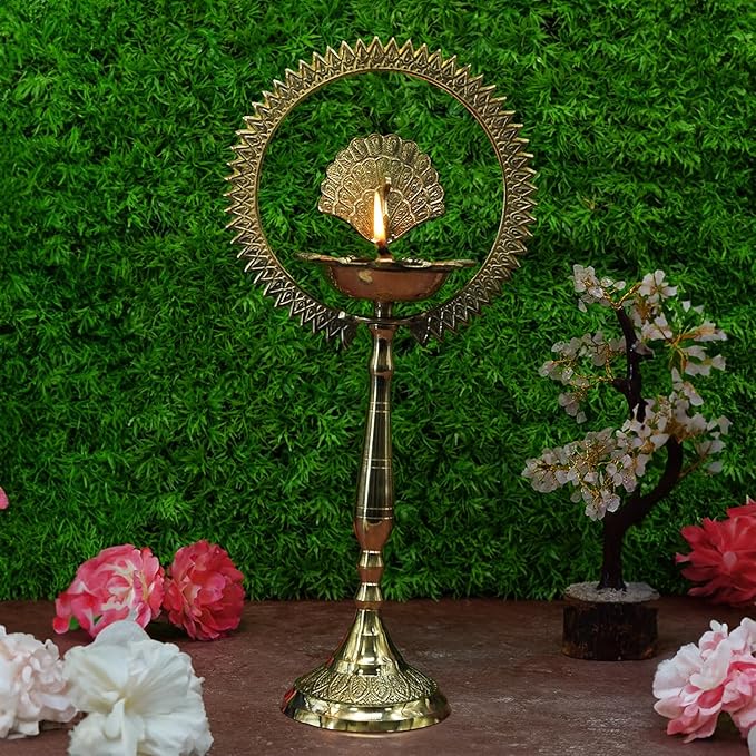 Brass Peacock Diya with Crown Kerala Samai Diwali Deepak-Kuthu Vilakku Peacock Ring Oil Lamp(Pack of 1).