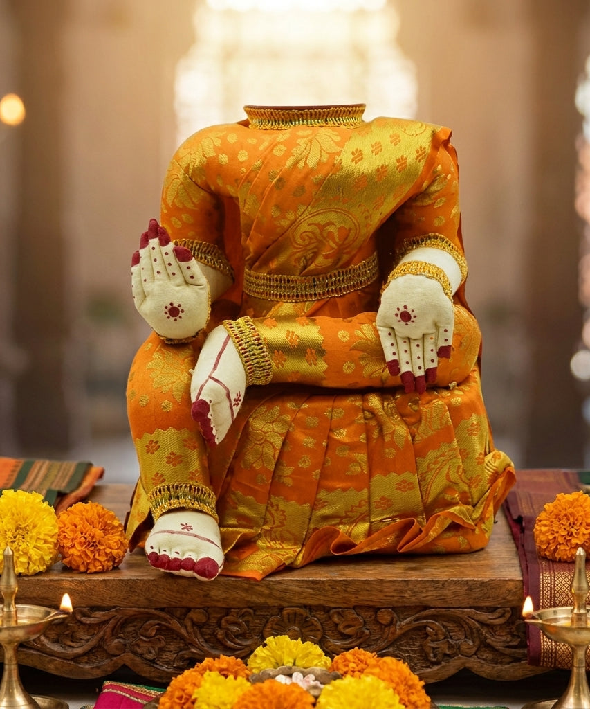 Varamahalakshmi Idol With Orange And Gold Saree
