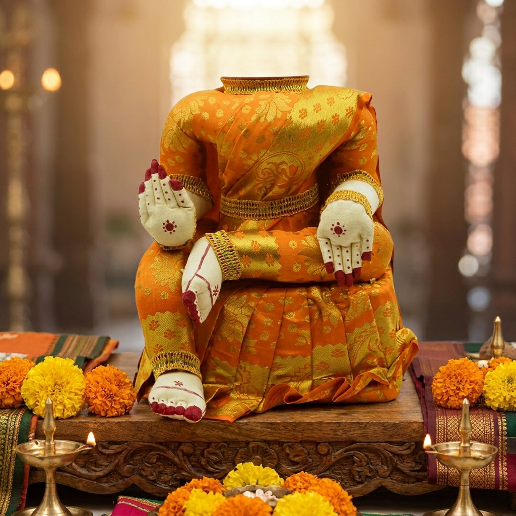 Varamahalakshmi Idol With Orange And Gold Saree