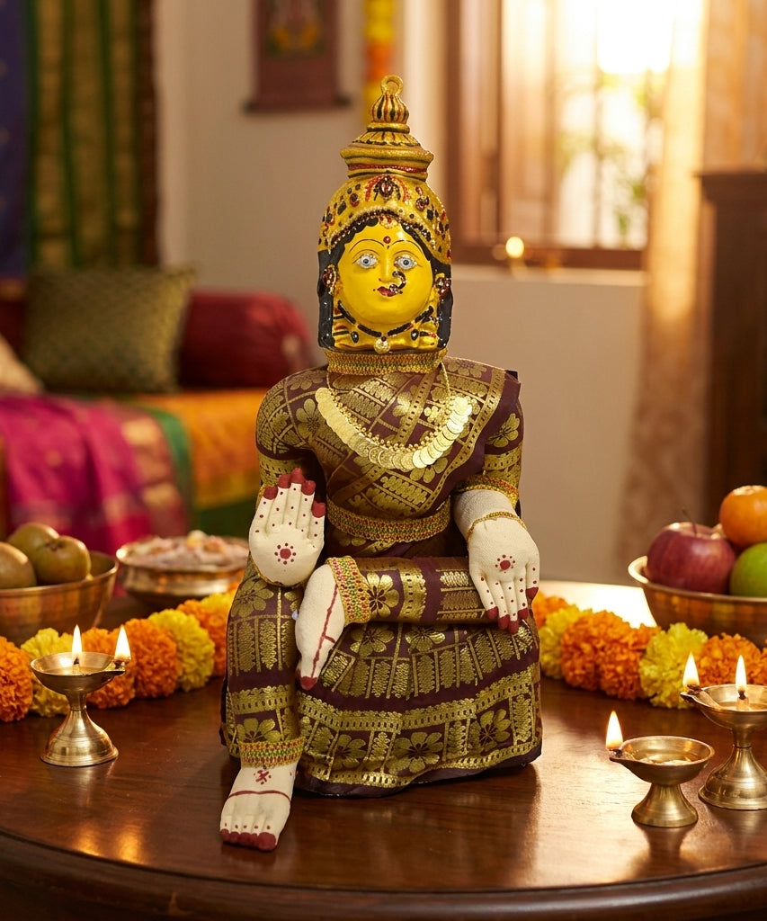 Varamahalakshmi Idol Gold and Brown Saree