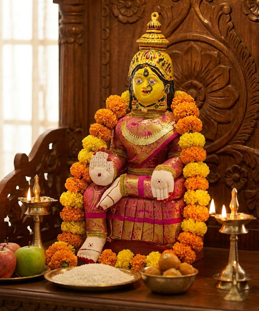Varamahalakshmi Idol Gold and Pink Saree