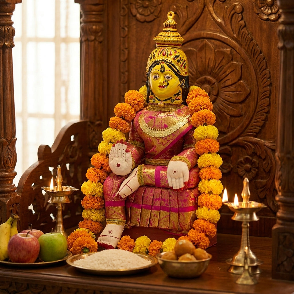 Varamahalakshmi Idol Gold and Pink Saree