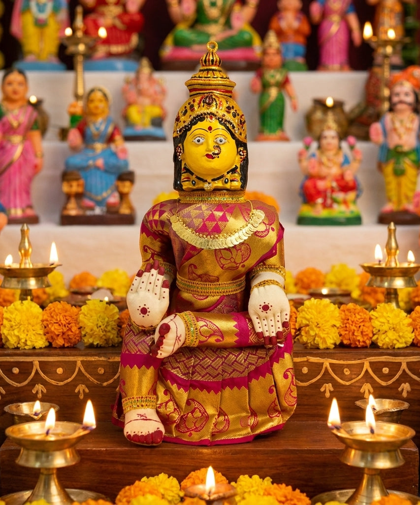 Varamahalakshmi Idol Gold and Pink Saree