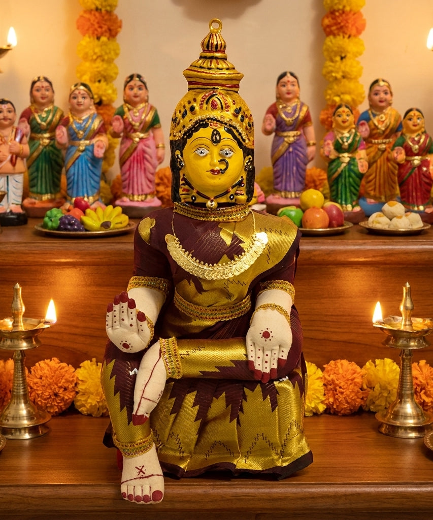 Varamahalakshmi Idol Gold and Maroon Saree