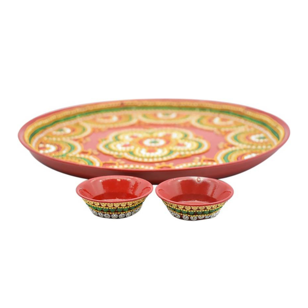 Beautiful Kundan Fancy Pooja Plate , Metal Colorful Pooja Aarti Thali Set.