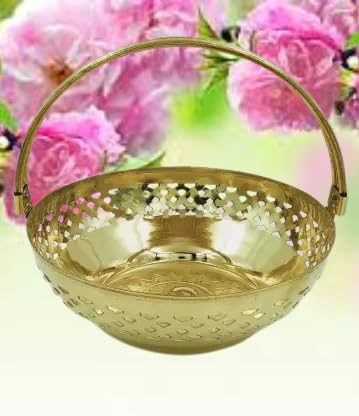 Traditional Brass Round Shape Puja Flower Basket, Temple Basket (Gold, Diameter 8 Inch)
