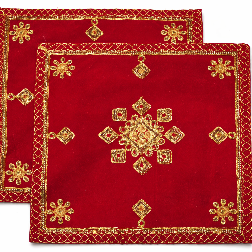 Red Velvet Pooja Assan Cloth for Home Temple ( Altar cloth )( Pack of 2 Ps )