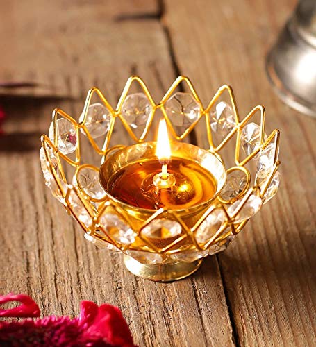 Lotus Shape Crystal Akhand Diya Jyothi Oil Deepam Brass