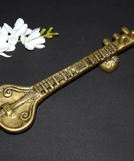 Brass Sitar Handle, Door Handles for Main Door, Saraswathi Veena with Round Base Door Pull ( 8 inch).