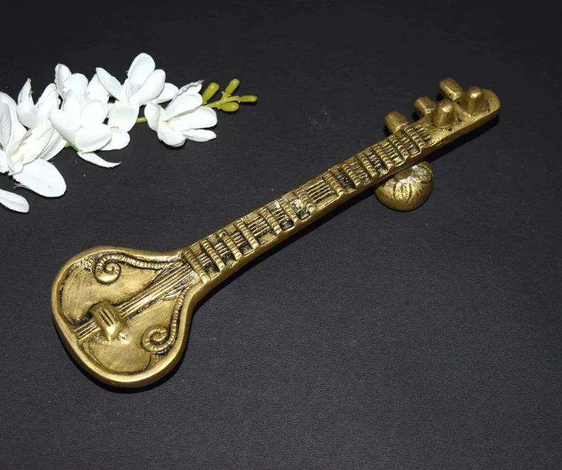 Brass Sitar Handle, Door Handles for Main Door, Saraswathi Veena with Round Base Door Pull ( 8 inch).