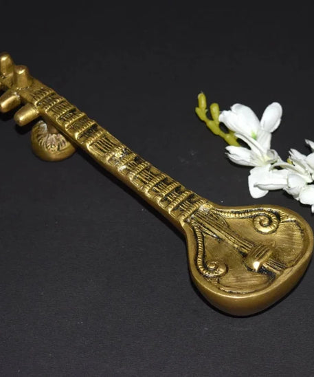 Brass Sitar Handle, Door Handles for Main Door, Saraswathi Veena with Round Base Door Pull ( 8 inch).