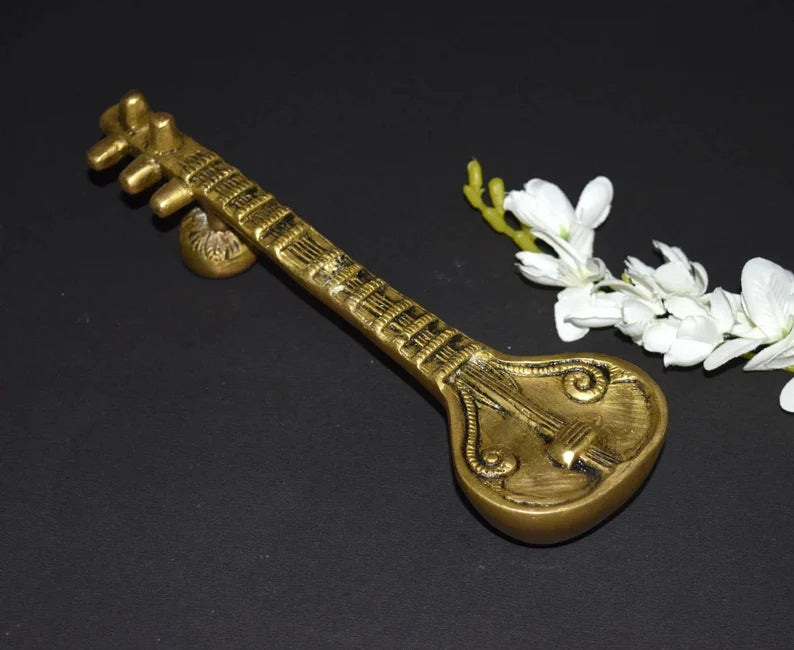 Brass Sitar Handle, Door Handles for Main Door, Saraswathi Veena with Round Base Door Pull ( 8 inch).