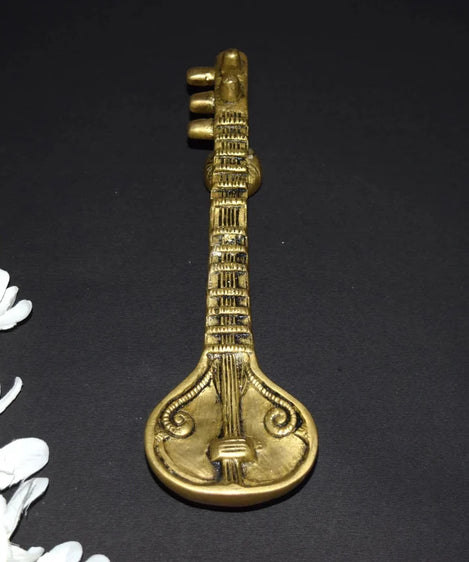 Brass Sitar Handle, Door Handles for Main Door, Saraswathi Veena with Round Base Door Pull ( 8 inch).