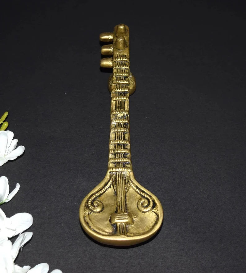 Brass Sitar Handle, Door Handles for Main Door, Saraswathi Veena with Round Base Door Pull ( 8 inch).
