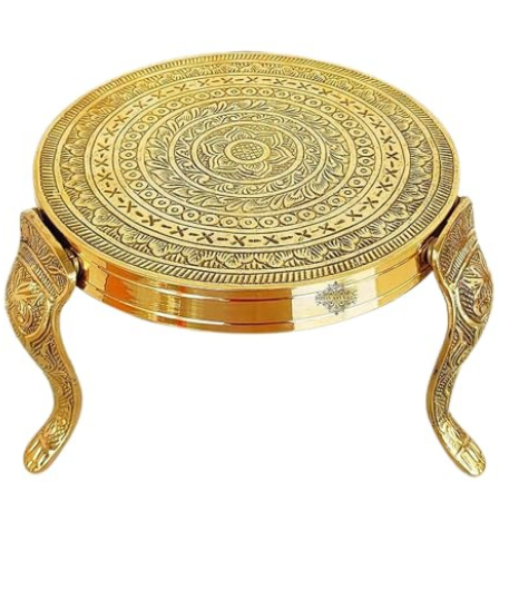 Brass Decorative Round Pooja Stool,Brass Round Chowki with Design Mukkali (5 inch Height).Puja Temple Home, Gift Item Home Decor.