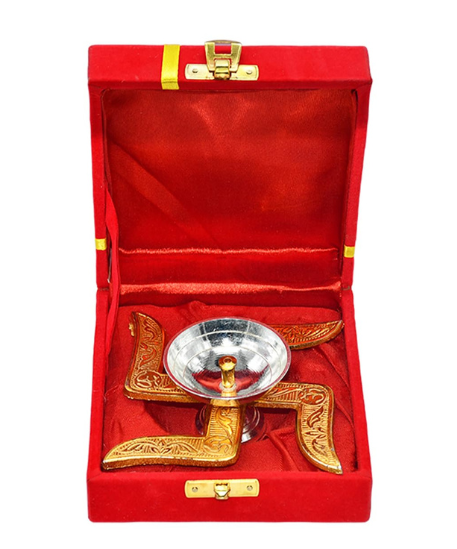 Brass Swastik Diya with Royal Velvet Box for Pooja,Diwali,Home Decor, Return Gift.