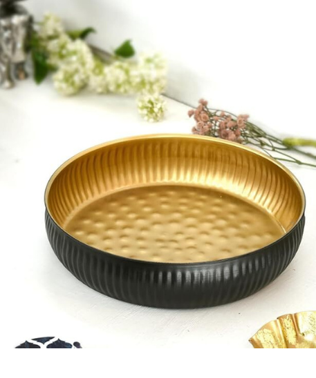 Ribbed Black & Matte Gold Urli Bowl |-10-Inch Handcrafted Decorative Bowl for Floating Flowers .