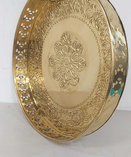 Floral Leafy Pattern And Jali Design Brass Pooja Thali For Home Use