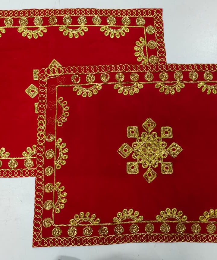 Red Velvet Pooja Assan Cloth for Home Temple ( Altar cloth )( Pack of 2 Ps )
