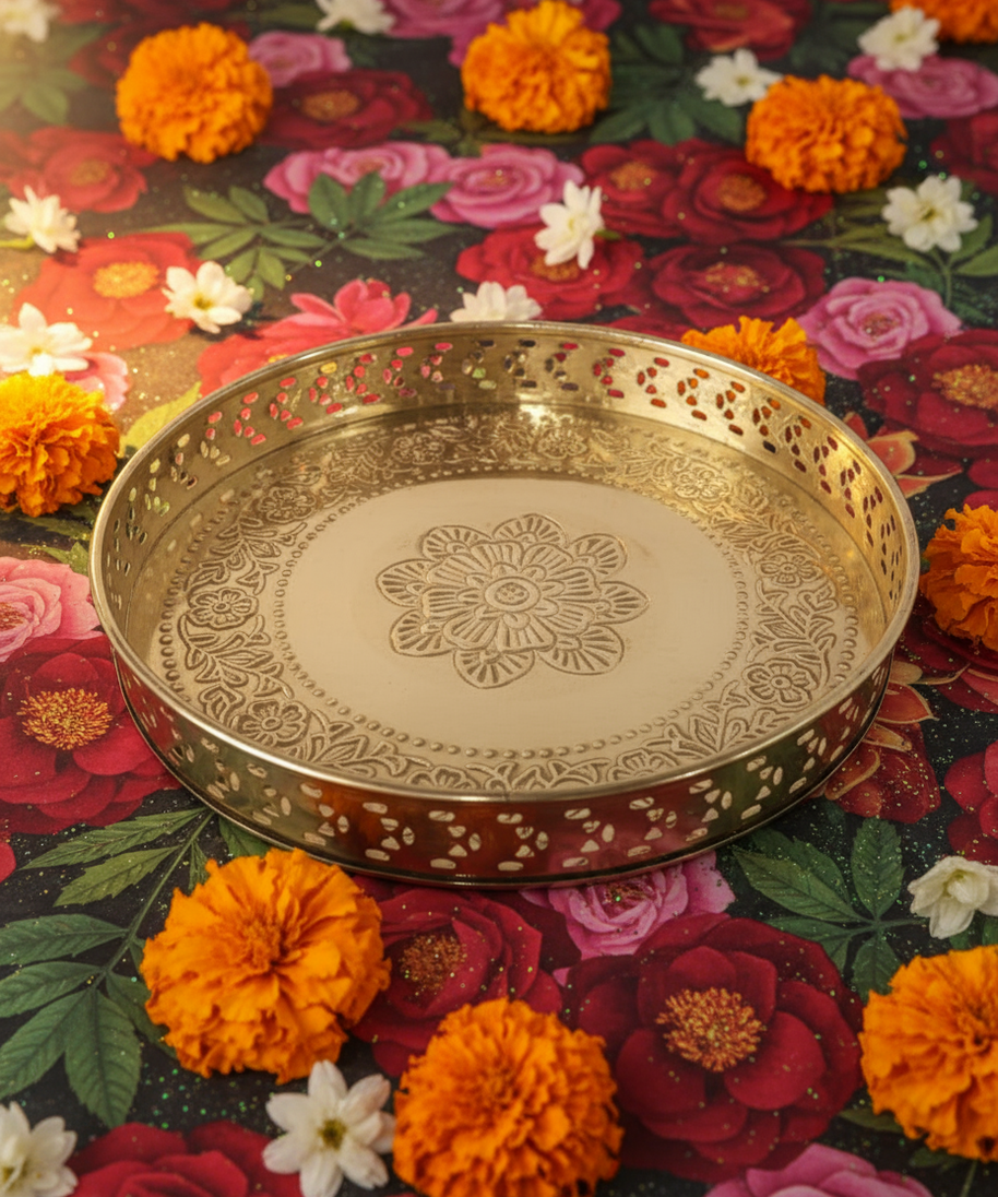 Floral Leafy Pattern And Jali Design Brass Pooja Thali For Home Use| 25 cm(284 g)