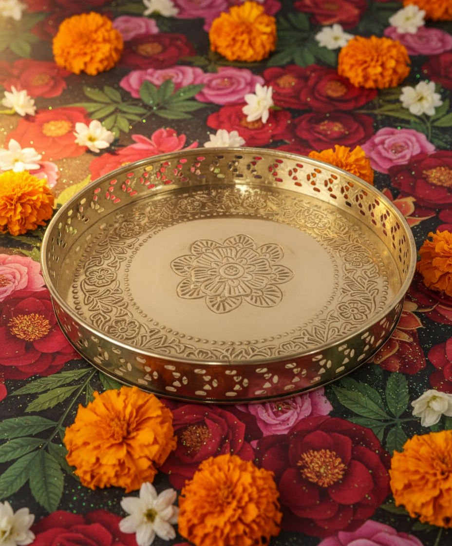 Floral Leafy Pattern And Jali Design Brass Pooja Thali For Home Use| 28 cm(324 g)