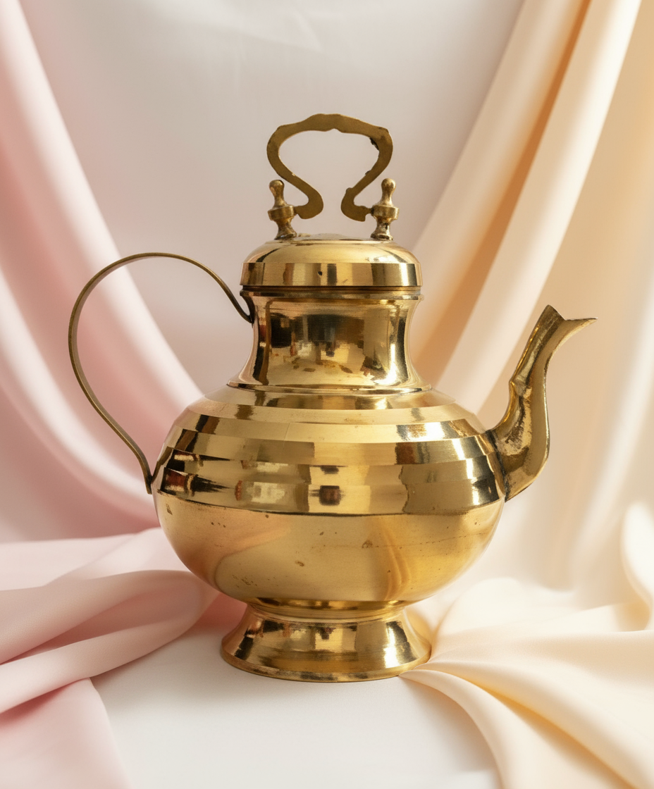 Brass Tea Kettle Pot Inside Tin Lining for Serving Tea Coffee, Tableware | Antique Brass Kettle | Tea Pot with Handle | Ideal Gift for Home Decor (Gold, Medium), (26cm x 16cm x 28cm)