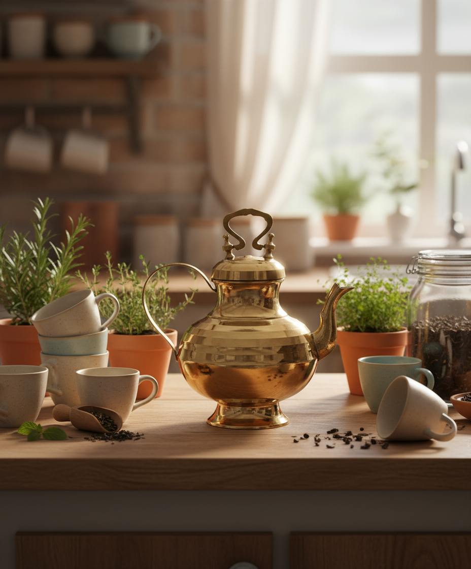 Brass Tea Kettle Pot Inside Tin Lining for Serving Tea Coffee, Tableware | Antique Brass Kettle | Tea Pot with Handle | Ideal Gift for Home Decor (Gold, Medium), (26cm x 16cm x 28cm)