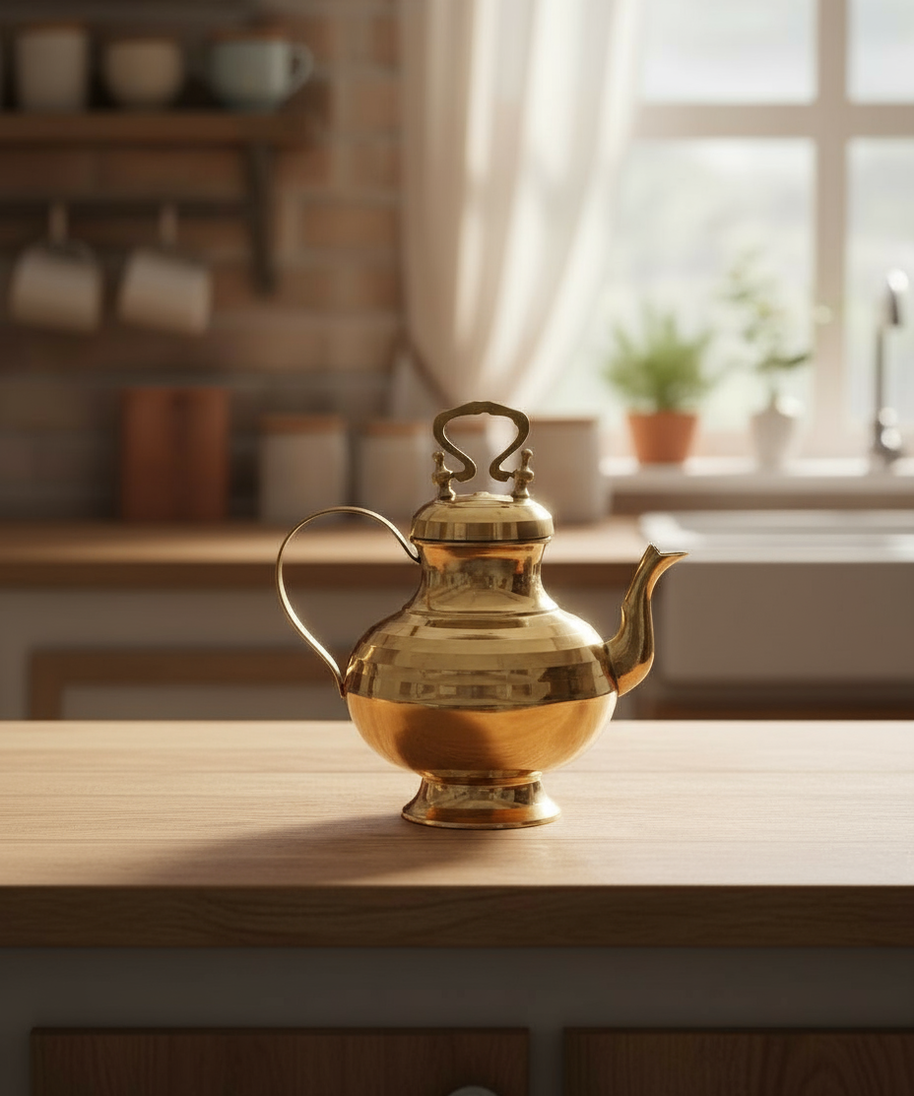 Brass Tea Kettle Pot Inside Tin Lining for Serving Tea Coffee, Tableware | Antique Brass Kettle | Tea Pot with Handle | Ideal Gift for Home Decor (Gold, Medium), (26cm x 16cm x 28cm)