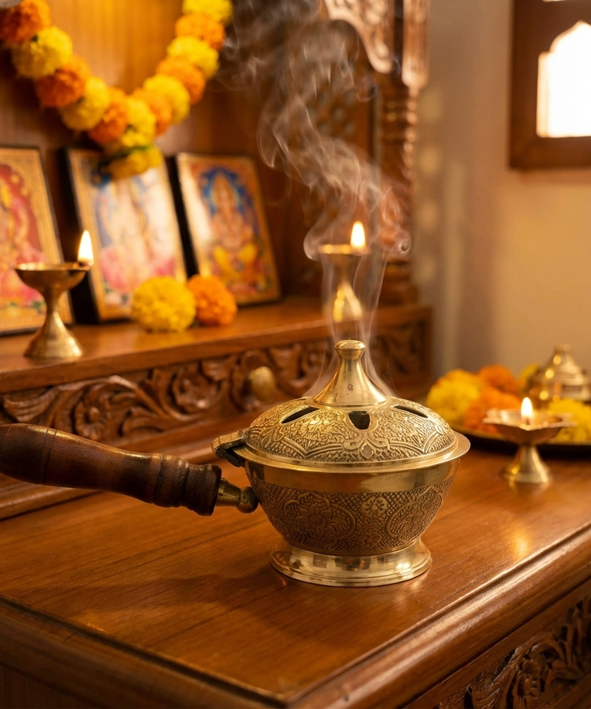 Aarti Sambrani Stand &amp; Loban Dhoop Burner Brass with Wooden Holder.