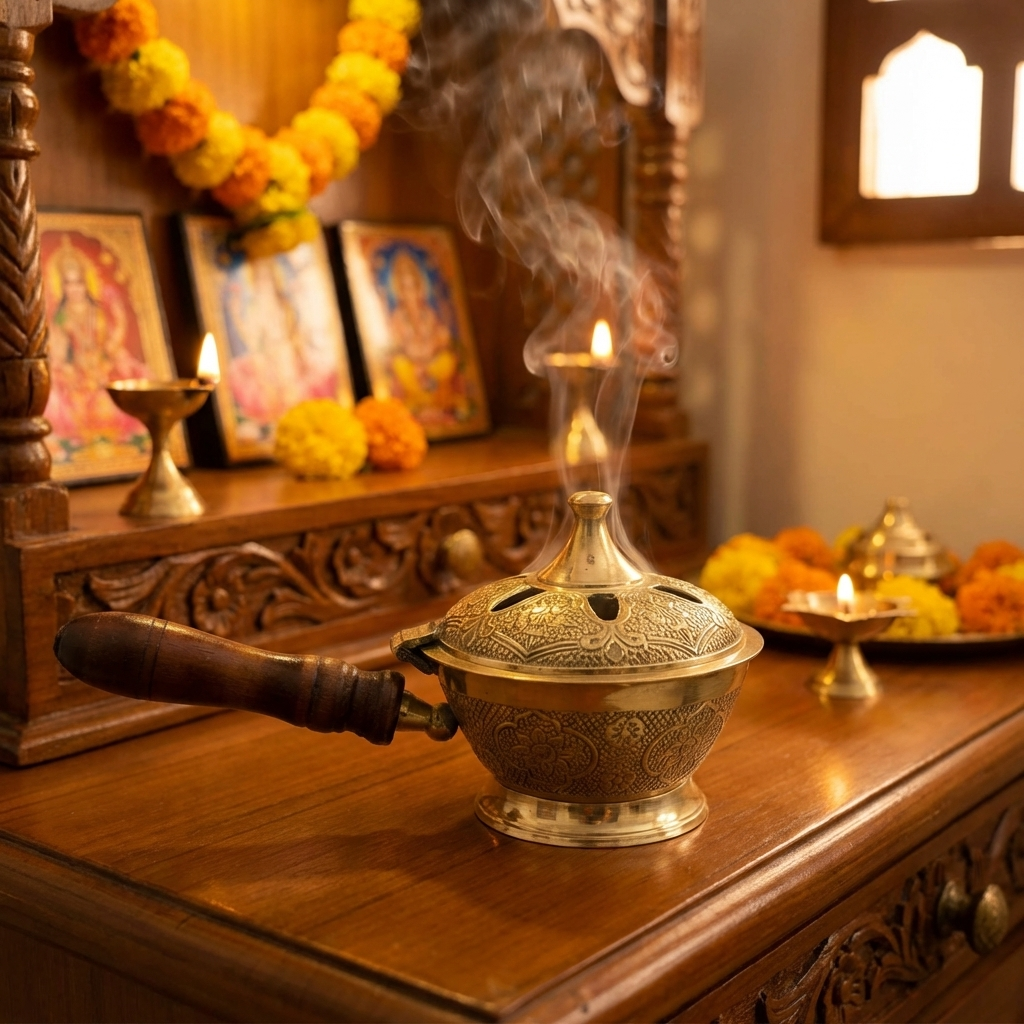Aarti Sambrani Stand &amp; Loban Dhoop Burner Brass with Wooden Holder.