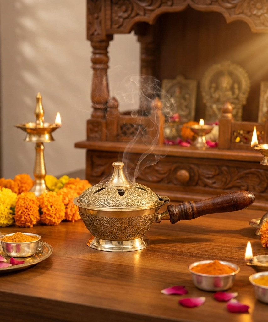 Aarti Sambrani Stand &amp; Loban Dhoop Burner Brass with Wooden Holder.