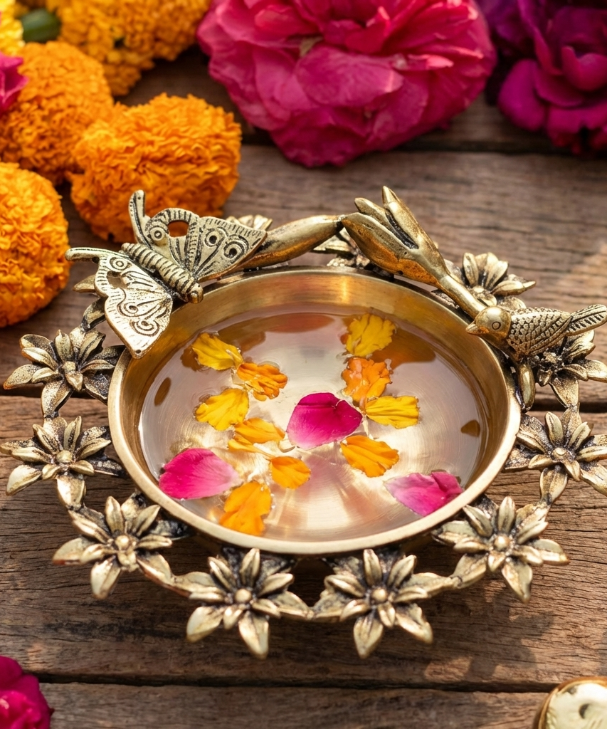 Brass Flower Urli Bowl with Bird and Butterfly,Urli Bowl in Brass, Traditional bowl for flower decoration,