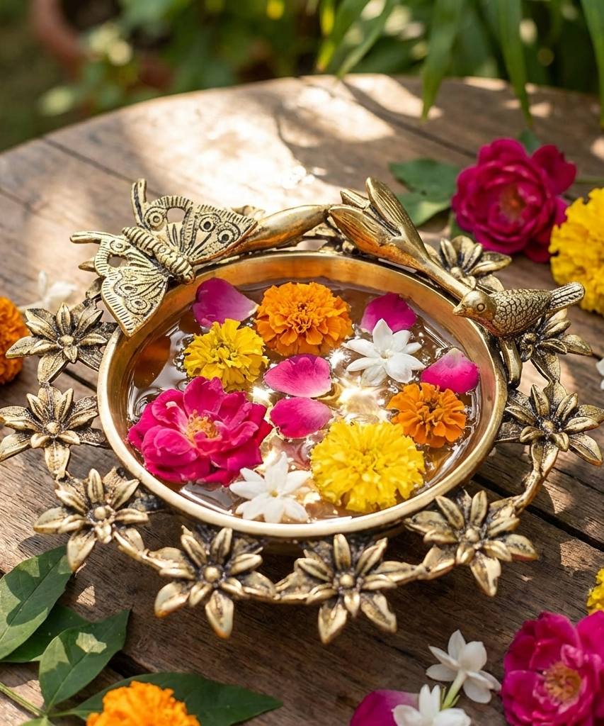 Brass Flower Urli Bowl with Bird and Butterfly,Urli Bowl in Brass, Traditional bowl for flower decoration,